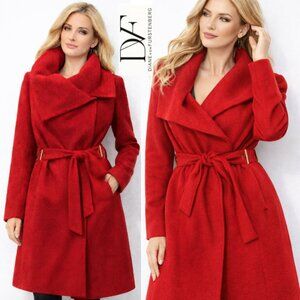 Diane Von Furstenberg Wrap Red Wool Peacoat Belted Coat Large